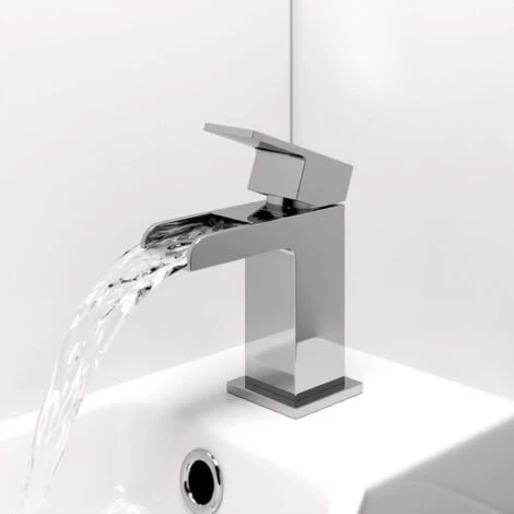 Modern Cloakroom Mono Basin Sink Mixer Tap Brass Waterfall Spout Square Chrome - Image 2