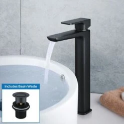 Astra Modern Style Basin Sink Countertop Extended Mette Black Single Lever Mixer Tap & Free Waste