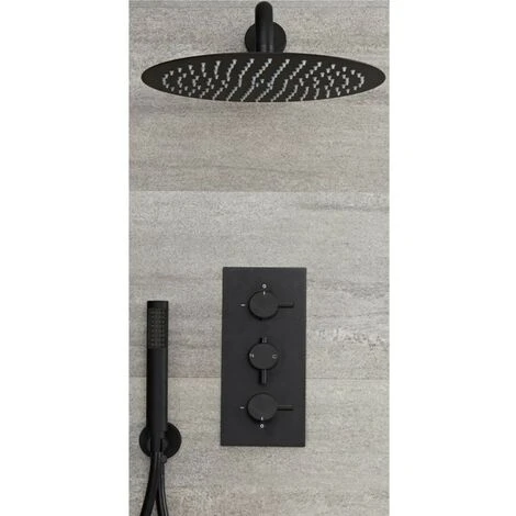 Milano Nero - Modern 2 Outlet Triple Thermostatic Mixer Shower Valve With 300mm Wall Mounted Round Rainfall Shower Head And Hand Shower Handset Kit - Black