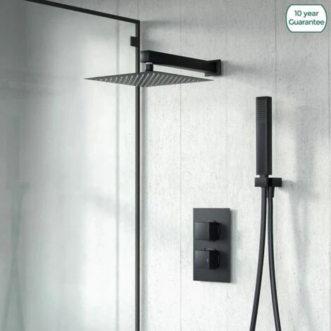 Black Matt Square Rainfall Shower Head With Hand Held Thermostatic Valve Temel