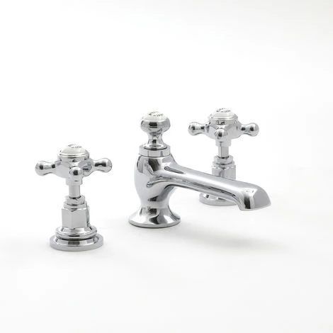 Milano Elizabeth - Traditional 3 Tap-Hole Basin Mixer Tap - Chrome & White (Crosshead Handles)