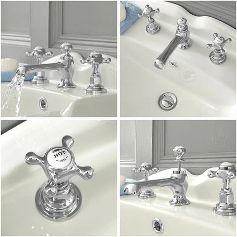 Milano Elizabeth - Traditional 3 Tap-Hole Basin Mixer Tap - Chrome & White (Crosshead Handles) - Image 3