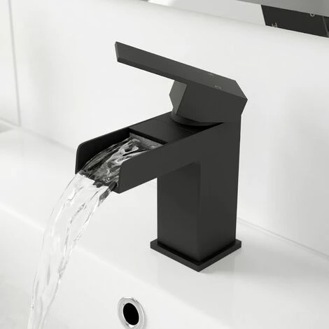 Modern Taps Basin Bathroom Sink Mono Mixer Waterfall Tap Lever Black Finish - Image 2