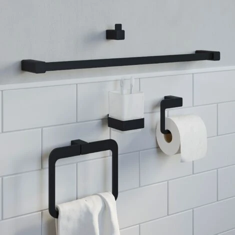 Bathroom WC Toilet Roll Holder Black Square Wall Mounted Stylish Modern - Image 2