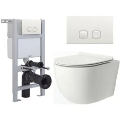 Milano Overton - White Ceramic Modern Bathroom Wall Hung Rimless Toilet With Short Wall Frame&44 Cistern And Flush Plate - White Square Flush Plate