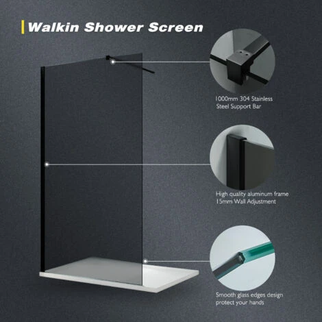 ELEGANT 1000mm Walkin Shower Enclosure Bathroom 8mm Grey Safety Easy Clean Glass For Bath Wetroom Walk In Shower Cubicle Screen Panels + Black Stainless Steel Support Bars - Image 2