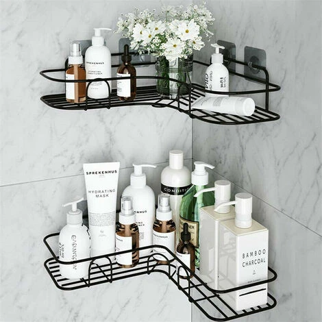 2Pcs Corner Shower Rack Shelf Bathroom Storage Organiser Basket Tidy Shelf Black - Image 2
