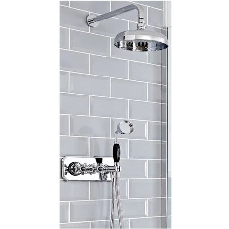 Milano Elizabeth - Traditional 2 Outlet Twin Diverter Thermostatic Mixer Shower Valve With 200mm Round Rainfall Shower Head And Hand Shower Handset - Chrome & Black