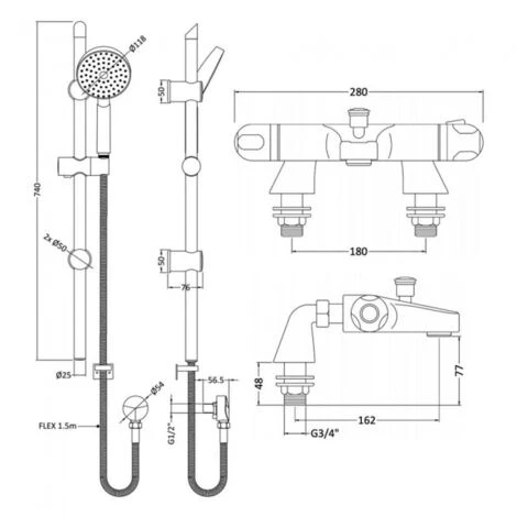 Nuie Reef Thermostatic Bath Shower Mixer With Slim Single Function Slider Rail Kit - Chrome - Image 2