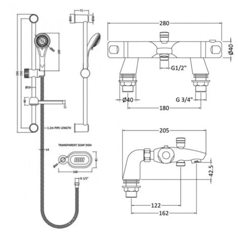 Nuie Reef Thermostatic Bath Shower Mixer With Classic Multi Function Slider Rail Kit - Chrome - Image 2