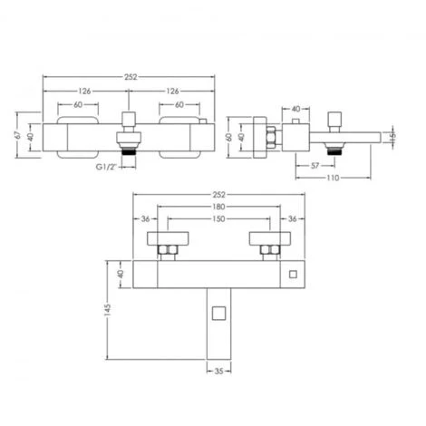 Nuie Sanford Wall Mounted Thermostatic Bath Shower Mixer Tap - Chrome - Image 2