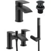 Vago Modern Waterfall Matte Black Design Basin Mixer Tap & Bath Shower Mixer Tap With Handset Kit + Waste
