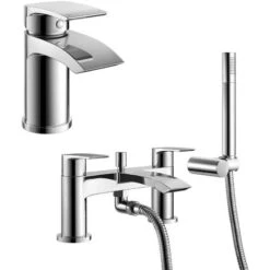 Vago Modern Bathroom Waterfall Basin Mono Mixer Tap & Bath Shower Mixer Tap With Pencil Handset Kit