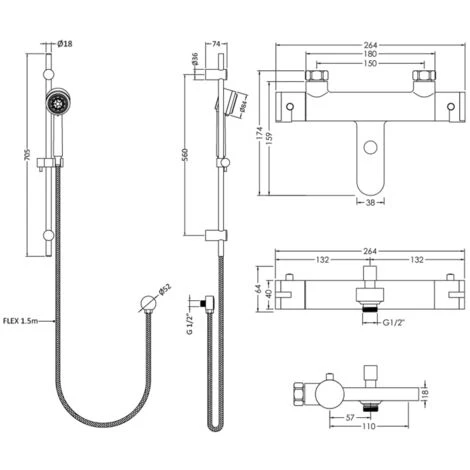 Hudson Reed Arvan Thermostatic Bath Shower Mixer With Linear Slider Rail Kit - Chrome - Image 2