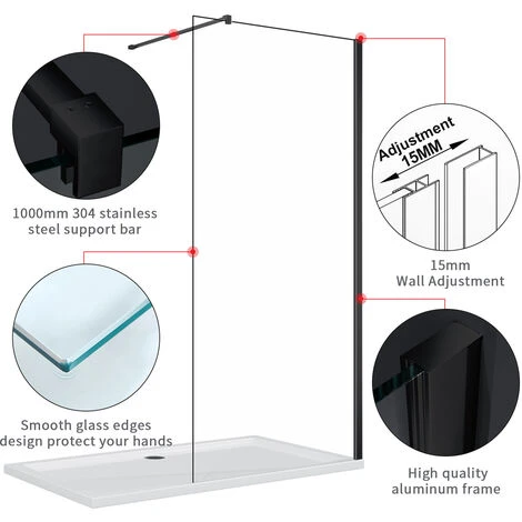ELEGANT Walk In Shower Screen 8mm Nano Glass Wet Room Frameless Shower Door 900mm Black - Image 5