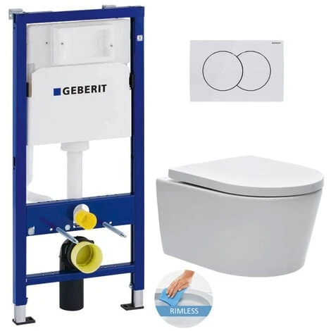 Geberit Toilet Set UP100 Support Frame Pack + White Delta01 Plate + SAT Rimless Suspended Bowl And Invisible Fixings (SATrimlessGeb1)