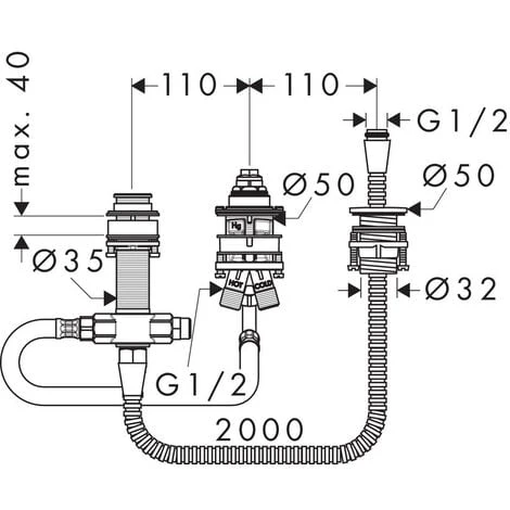 Hansgrohe Basic Set For 3-hole Rim-mounted Single Lever Bath Mixer With Rim Support Hose (13439180) - Image 2