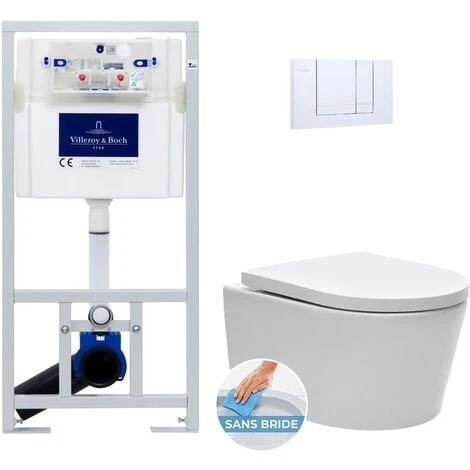 Villeroy & Boch Toilet Set Frame + Swiss Aqua Technologies Rimless Toilet + Chrome Flush Plate (ViConnectSATrimless-1)