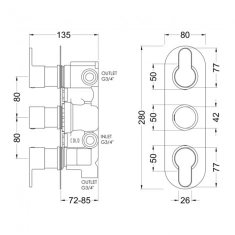 Nuie Arvan Thermostatic Concealed Shower Valve With Diverter Triple Handle - Brushed Brass - Image 2