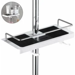 Shower Shelf Caddy For Shower Rail No Drilling Bathroom Shelf Storage Rack, Shower Pole Shelf Bathroom Shower Shelf, Shower Organiser With Buckle And Shower Head Hook.Black And White Round Holes