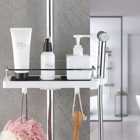 Shower Shelf Caddy For Shower Rail No Drilling Bathroom Shelf Storage Rack, Shower Pole Shelf Bathroom Shower Shelf, Shower Organiser With Buckle And Shower Head Hook.Black And White Round Holes - Image 2