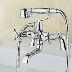 Victorian Traditional Bath Bathtub Mixer Tap With Shower Dual Lever Bathtub Taps Mixer Shower Handset Bathroom Chrome Deck Mounted