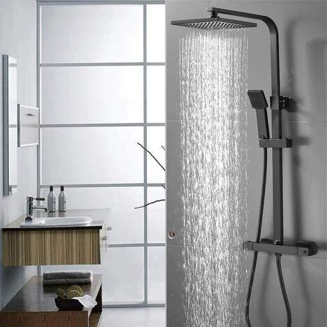Black Luxury Thermostatic Mixer Brass Diverter Valve Squre Shower Bar Big Head, Adjustable Height Exposed Riser Rail Shower Hose All-in-One Chrome Rainfall Shower Mixer Set