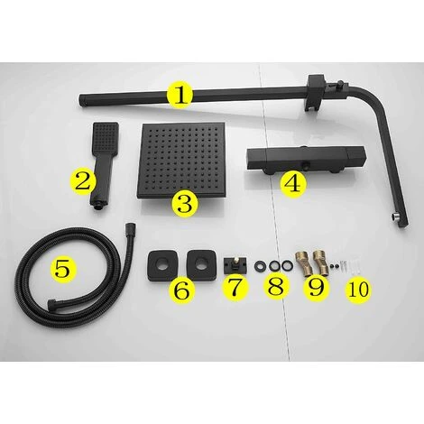 Black Luxury Thermostatic Mixer Brass Diverter Valve Squre Shower Bar Big Head, Adjustable Height Exposed Riser Rail Shower Hose All-in-One Chrome Rainfall Shower Mixer Set - Image 3