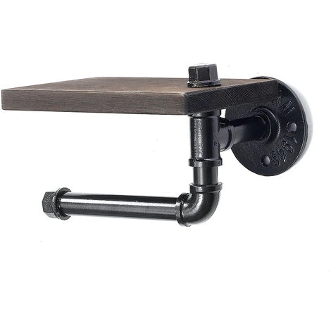 Industrial Urban Style Iron Pipe Toilet Paper Wall Holder Roller With Wood Shelf - Image 2