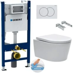 Geberit Toilet Set 112cm Support Frame + Swiss Aqua Technologies Rimless Bowl + White Flush Plate (SATrimlessGeb3)
