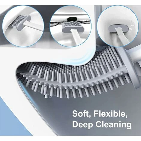Toilet Brush With Holder, Deep Cleaning Bathroom Flat Flexible Silicone Toilet Brush Set With No-Slip Long Plastic Handle, Wall Mounted & Flooring Quick Dry Hygienic, White - Image 2