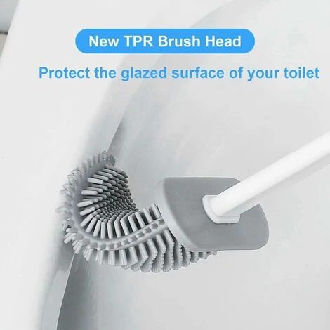 Toilet Brush With Holder, Deep Cleaning Bathroom Flat Flexible Silicone Toilet Brush Set With No-Slip Long Plastic Handle, Wall Mounted & Flooring Quick Dry Hygienic, White - Image 3