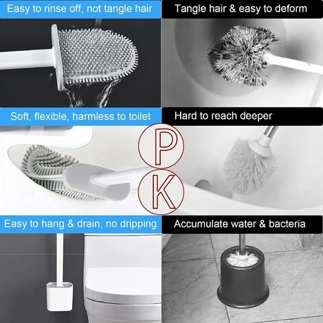 Toilet Brush With Holder, Deep Cleaning Bathroom Flat Flexible Silicone Toilet Brush Set With No-Slip Long Plastic Handle, Wall Mounted & Flooring Quick Dry Hygienic, White - Image 5