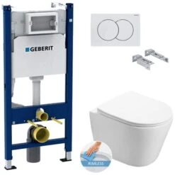 Geberit Toilet Set Duofix Frame + SAT Infinitio Rimless WC , Invisible Fixings + White Flush Plate (InfinitioGeb3)