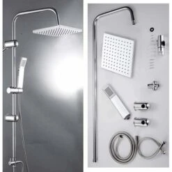 Modern Chrome Riser Rail Mixer Shower Square Head Kit For Bathroom, Stainless Steel Hose, With Fittings
