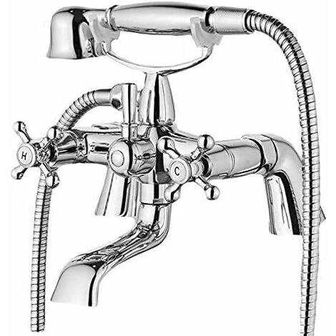 Bathroom Double Cross Head Knobs Mixer Monobloc Tap With Handheld Shower Head Chrome Finish Brass Body Traditional Design With Fittings For Home Hotel