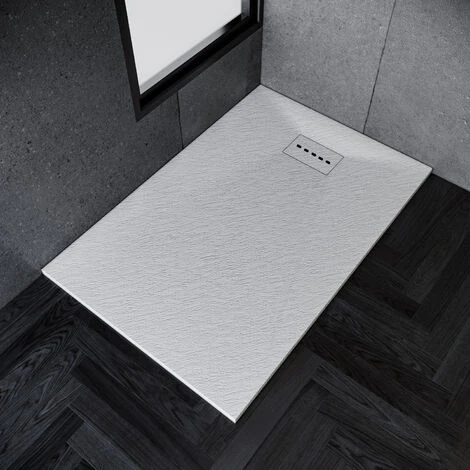 ELEGANT 1200 X 800 X 30 Mm Slate Effect Shower Tray White Anti-Slip Rectangular Low Profile Shower Tray With Waste Trap And Slate Drain Cover