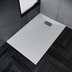 ELEGANT Low Profile Shower Tray White Anti Slip Shower Tray Rectangular Slate Effect Shower Base Tray 1200 X 700 X 30 Mm With Free Waste Trap, Stainless Steel Drain Cover