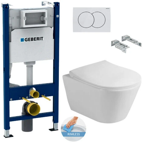 Geberit Toilet Set Duofix Frame + Lucco Avva Rimless Toilet + Softclose Seat + White Flush Plate (AvvaGeb3)