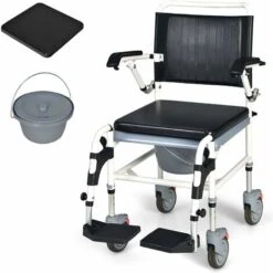 COSTWAY Commode Wheelchair, Height Adjustable Toilet Shower Chair With Removable Bucket, Flip-up Footrest And Sponge Cushion, Mobile Bedside Commodes For Elder, Disabled People