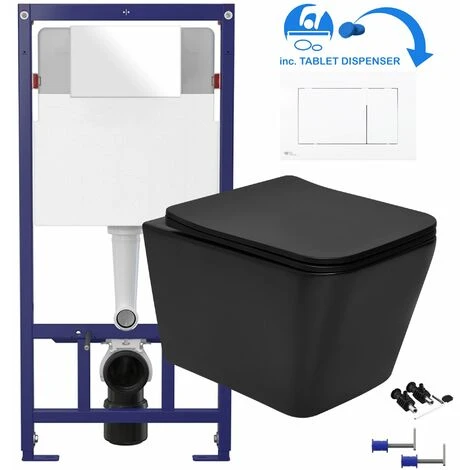 Black Square Rimless Wall Hung Toilet & 1.12m Concealed WC Cistern Frame Set - Gloss White Square Plate