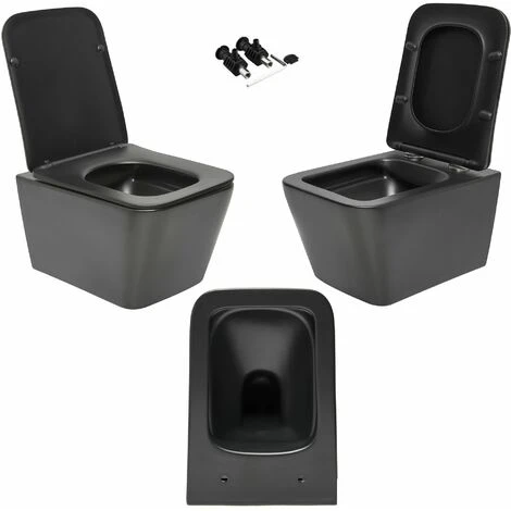 Black Square Rimless Wall Hung Toilet & 1.12m Concealed WC Cistern Frame Set - Gloss White Square Plate - Image 2