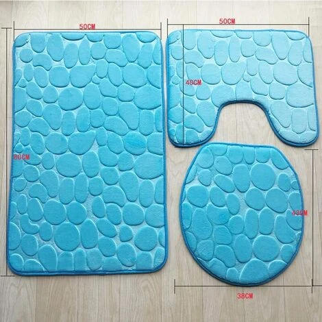 Bath Mat And Toilet Contour Set 3 Set Non-Slip Bathroom Toilet Cover (Blue) - Image 2