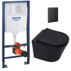 Grohe Toilet Set Rapid SL Frame + Infinitio Rimless Toilet, Matt Black + Softclose Seat + Matt Black Flush Plate