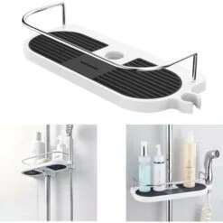 No Drilling Shower Shelf For Shower Rail, Aluminum Alloy Adjustable Pole Telescopic Shower Shelf With 2 Towel Hooks, Fits 19mm - 25mm Rail