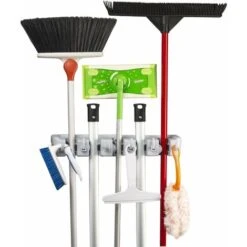Wall-Mounted Broom Holder With 5 Slots And 6 Multi-Task Hooks