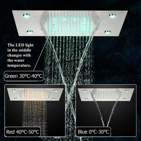 SUGUWORD LED 14X20 Inch Waterfall Rainfall Shower Head Multifunction Shower Head Square Ceiling Mounted Shower Head Solid Brass High Pressure Shower Head Remote Control Shower Head Brushed Nickel - Image 2