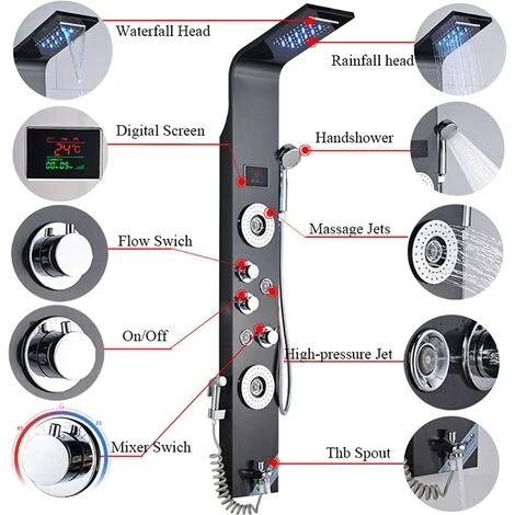 SUGUWORD Shower Panel Tower LED Shower System With 6 Functions Unique Powerful Hydromassage And Bidet Tap Shower Tower Wall Mounted Black - Image 3