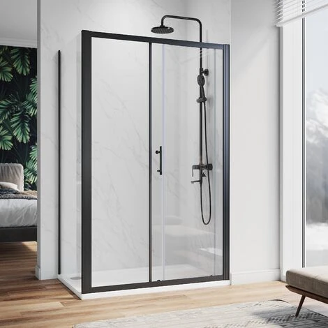 ELEGANT 1000 X 700 Mm Sliding Shower Enclosure Matt Black Frame Cubicle With Tray And Waste + Side Panel + Riser Kit - Image 2