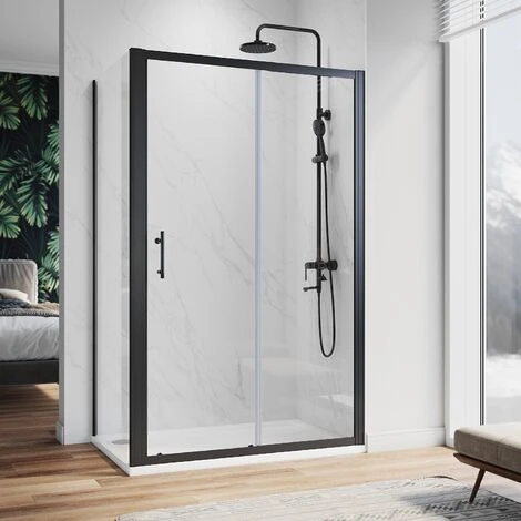 ELEGANT 1000 X 800 Mm Sliding Shower Enclosure Matt Black Frame Cubicle With Tray And Waste + Side Panel + Riser Kit